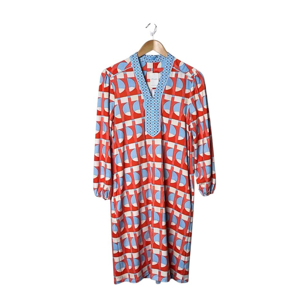 J. McLaughlin Emer Dress Sze S Coral Blue Geometric Eclipse Print Stretch Casual